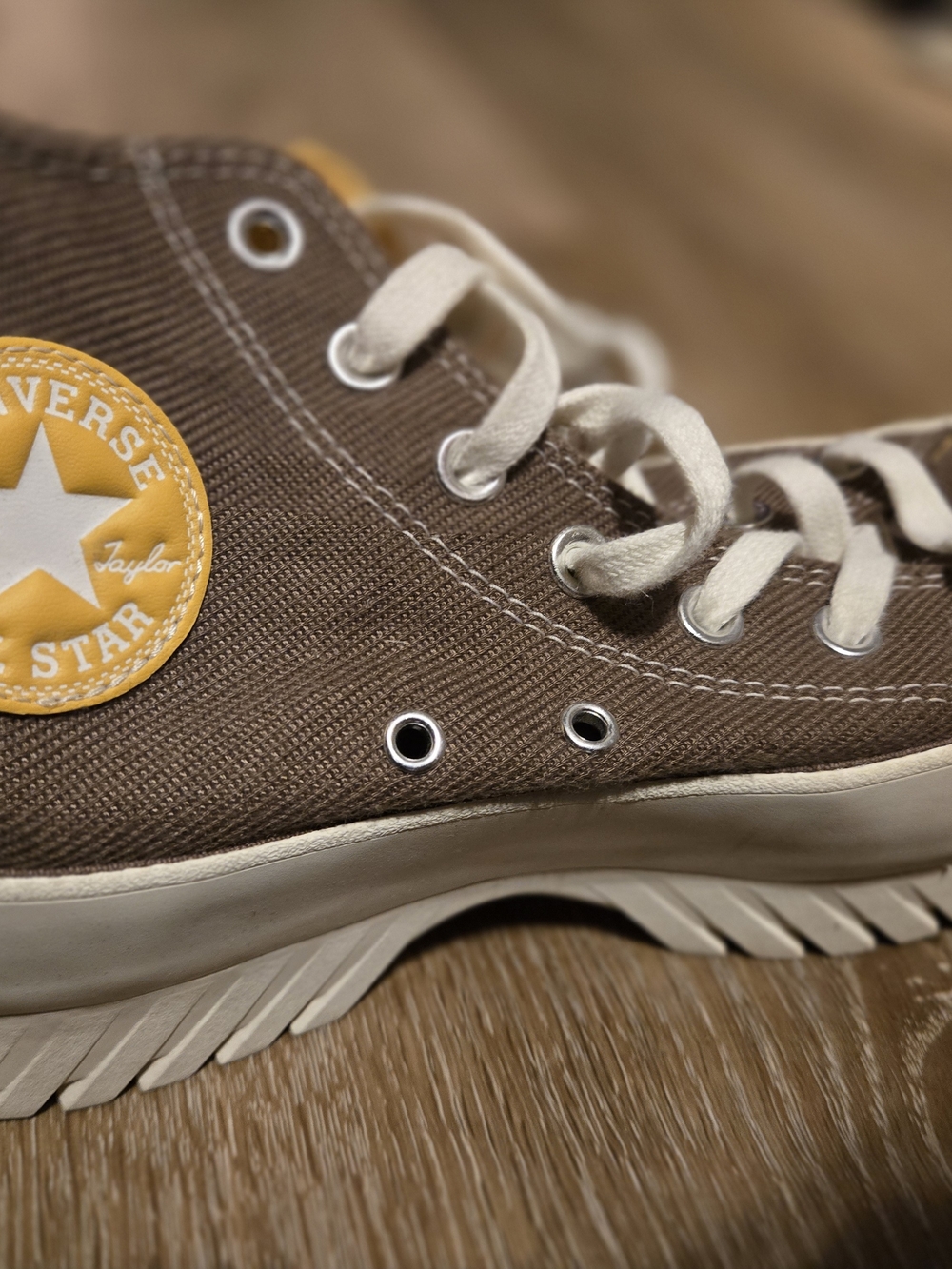 Converse High-Top Sneakers in Brown with Yellow Patch